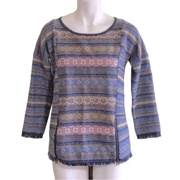 Lucky Brand Fringe Escape Boho Woven Embroidery Tapestry Knit Sweater Size XS - Picture 3 of 10